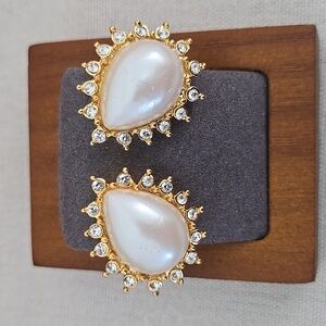 Faux Pearl & Rhinestone Teardrop Clip-On Earrings